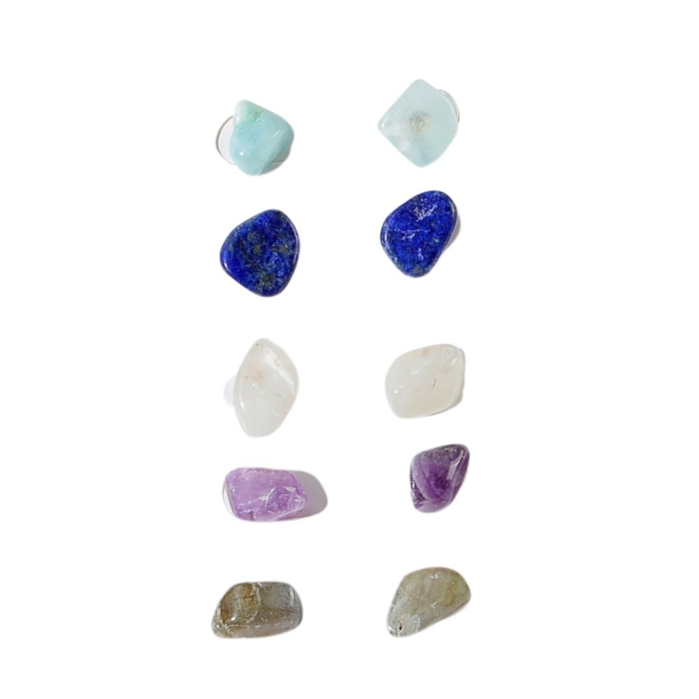 5 Pairs Natural Gemstone Stud Earrings – 6–8mm Mixed Stone Posts, Each Set Uniqu